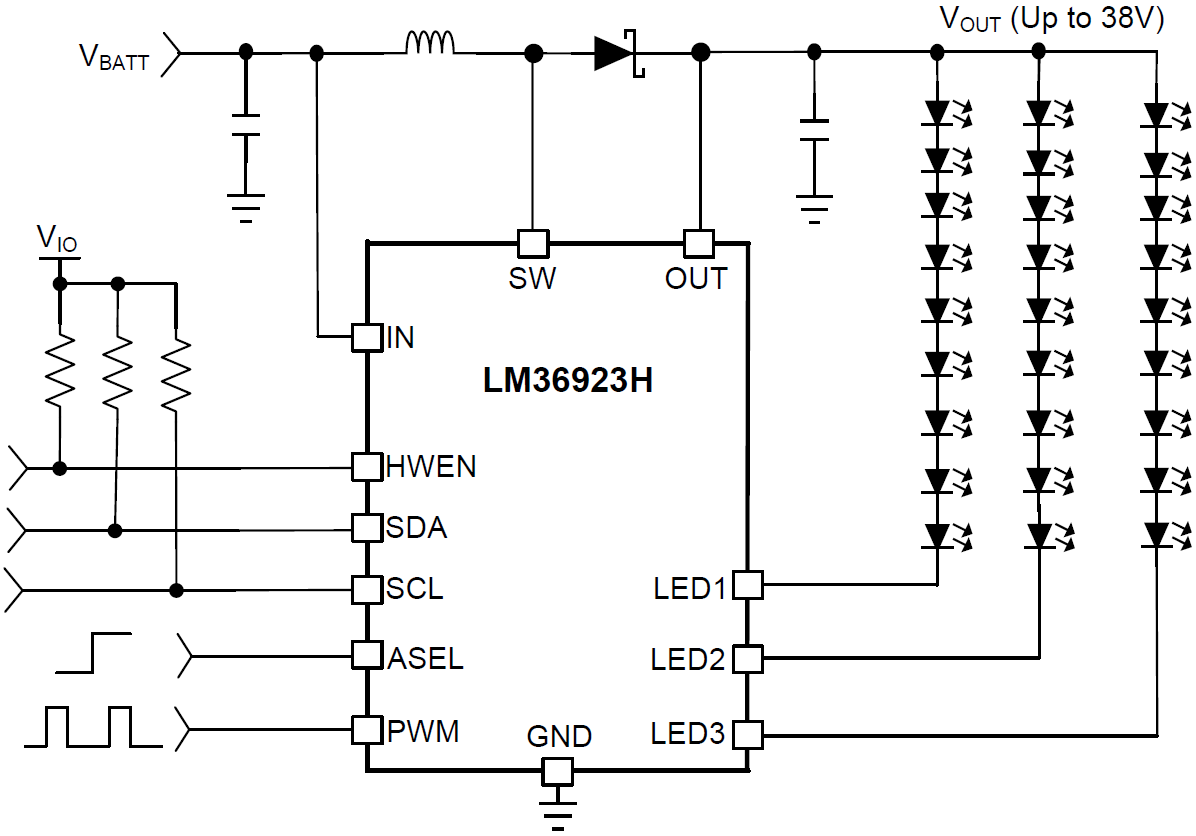 Schematic - Texas Instruments LM36923H Triple-String White LED Driver