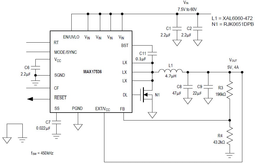Application Circuit Diagram - Analog Devices / Maxim Integrated MAX17536 & MAX17546 Step-Down DC-DC Converters