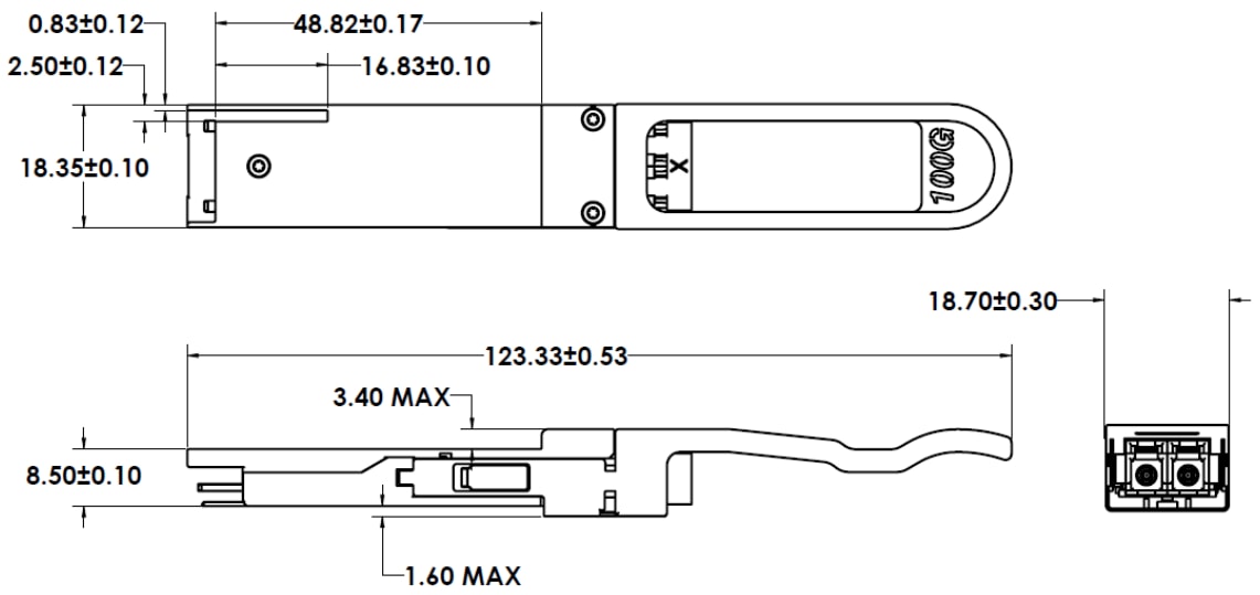 Mechanical Drawing - Coherent FTLC1155RGPL QSFP28 Transceiver Modules