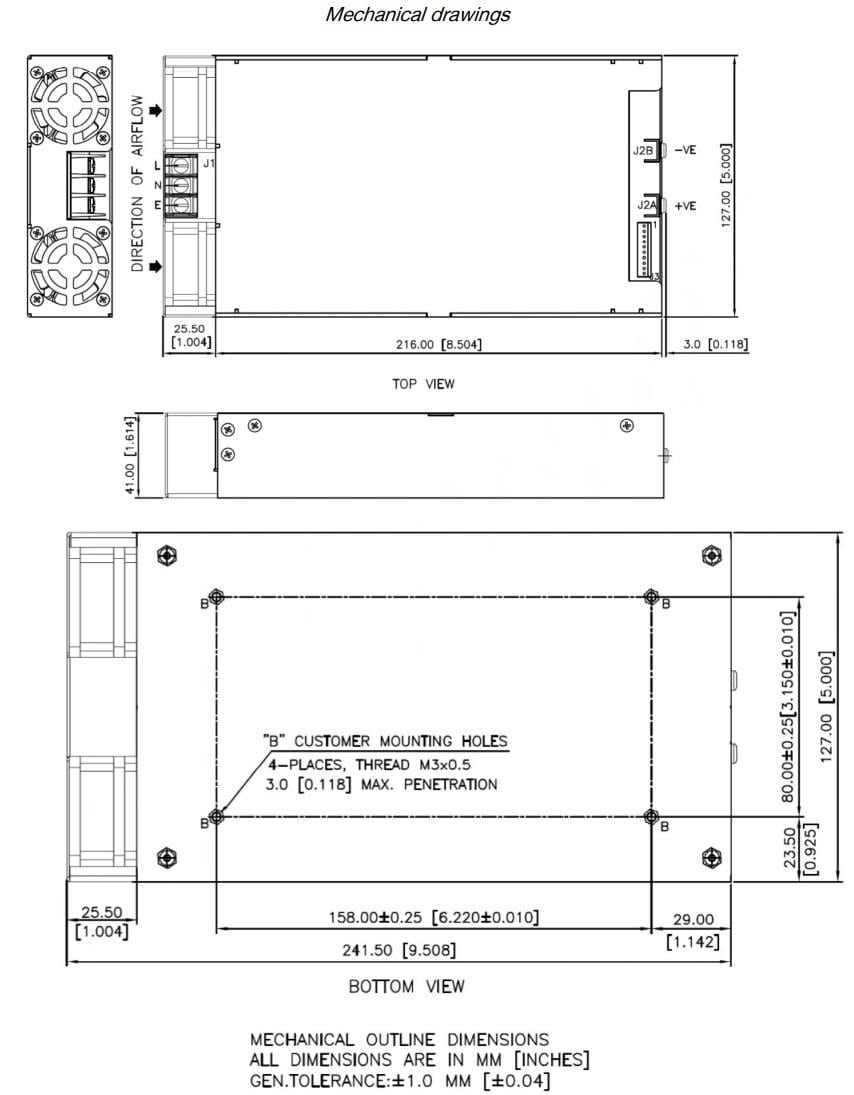 Mechanical Drawing - Bel Power Solutions MBE1000 Series Medical Power Supplies