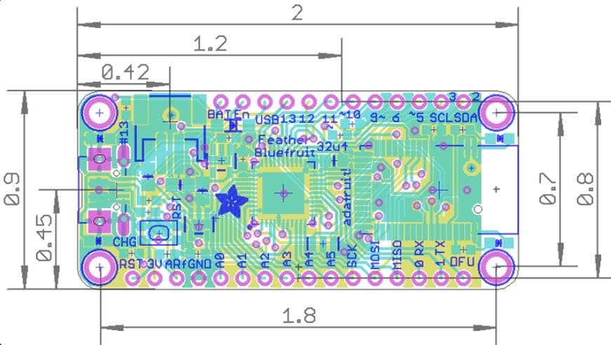Mechanical Drawing - Adafruit Feather 32u4 Bluefruit LE with Stacking Headers