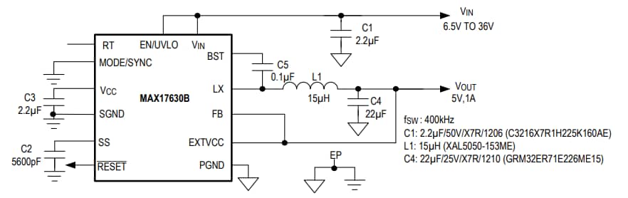 Application Circuit Diagram - Analog Devices / Maxim Integrated MAX17630 Synchronous Step-Down DC-DC Converter