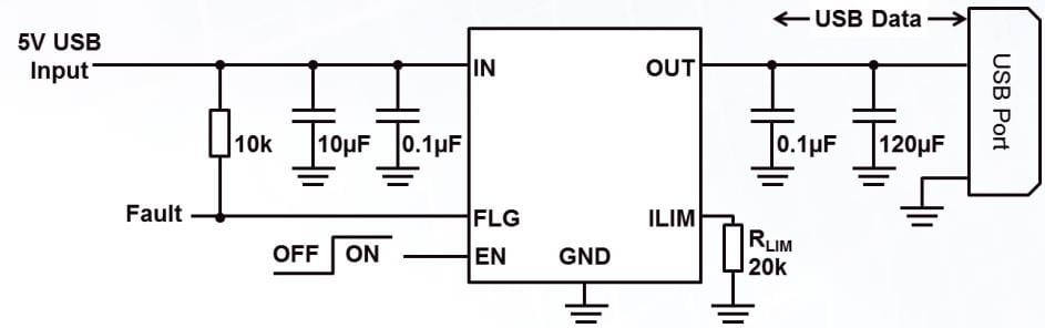 Application Circuit Diagram - Diodes Incorporated AP22652/3 Current Limited Power Switches