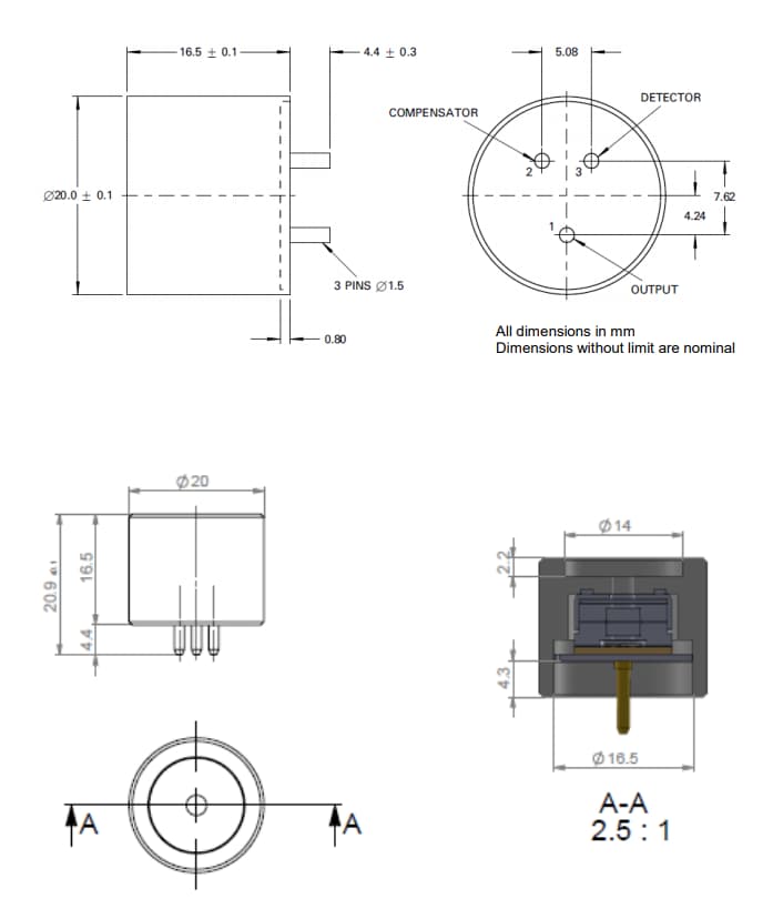 Mechanical Drawing - Amphenol SGX Sensortech VQ548MP2-DA Catalytic Combustible Gas Sensor