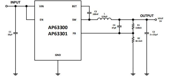 Application Circuit Diagram - Diodes Incorporated AP63300/01 Synchronous Buck Converters