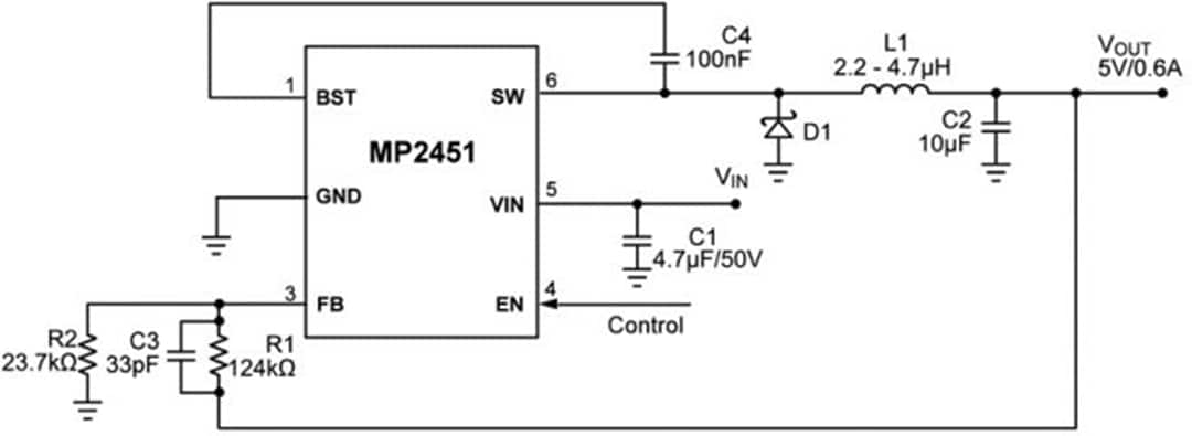 Application Circuit Diagram - Monolithic Power Systems (MPS) MP2451 Step-Down Converter