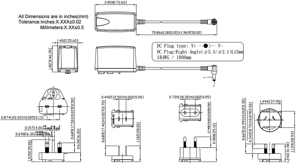 Mechanical Drawing - Cincon TRG10R 10W Switching Adapters