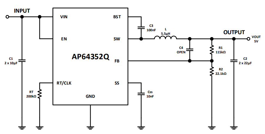 Application Circuit Diagram - Diodes Incorporated AP64352Q Switching Voltage Regulator