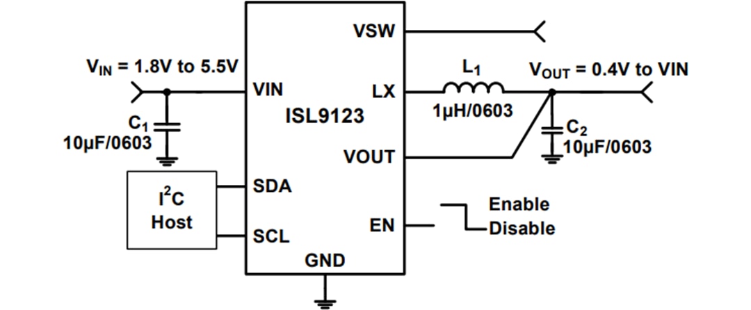 Application Circuit Diagram - Renesas Electronics ISL9123 Ultra-Low IQ Buck Regulator with Bypass