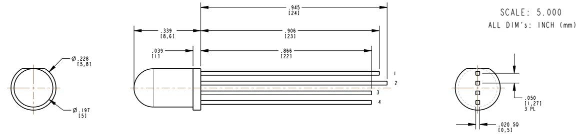 Mechanical Drawing - Dialight 5218559F 5mm Discrete 4-lead RGB LED