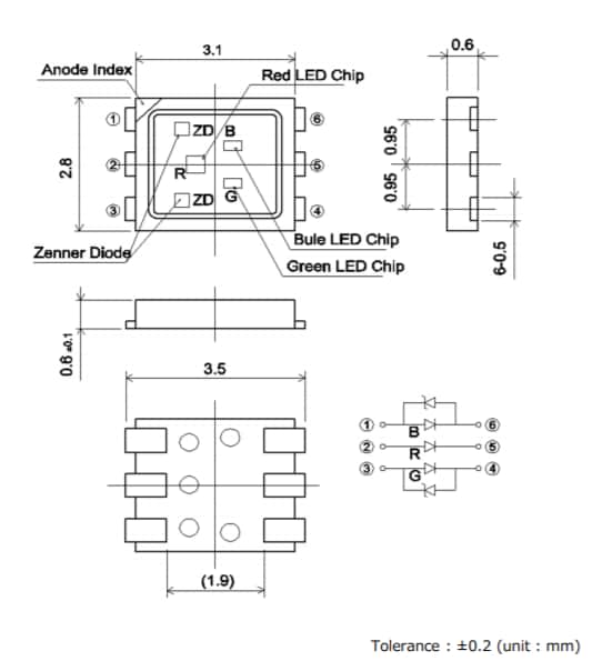 Mechanical Drawing - ROHM Semiconductor SMLVN6RGB7W1 Triple Color LED