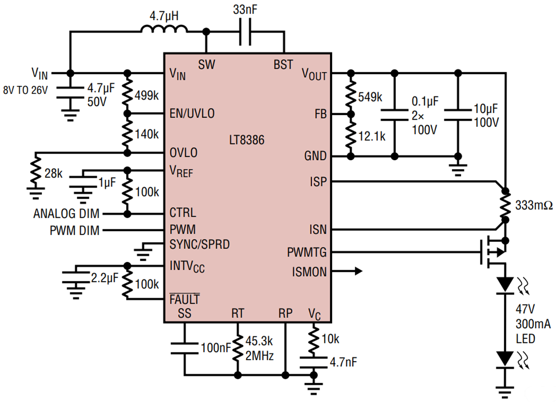 Application Circuit Diagram - Analog Devices Inc. LT8386 Synchronous Step-Up LED Driver