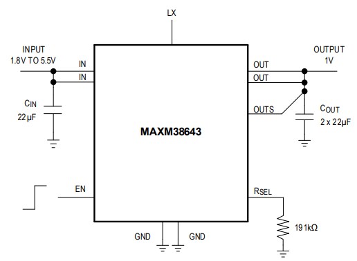 Application Circuit Diagram - Analog Devices / Maxim Integrated MAXM38643 nanoPower Buck Module