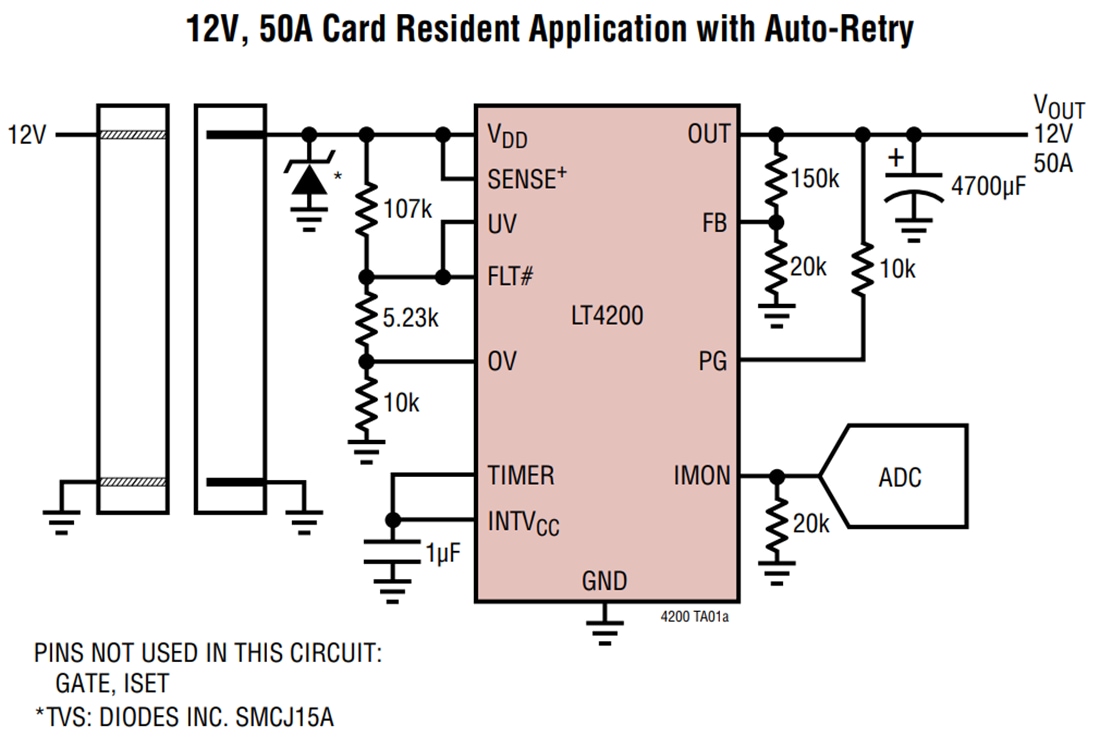 Application Circuit Diagram - Analog Devices Inc. LT4200 50A Hot-Swap E-Fuse