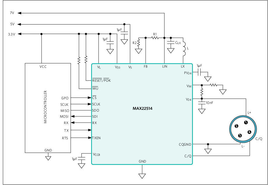 Application Circuit Diagram - Analog Devices / Maxim Integrated MAX22514 Surge Protected IO-Link Transceiver