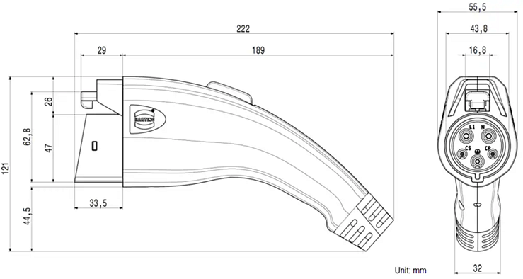 Mechanical Drawing - HARTING Type 1 EV Charging Cables