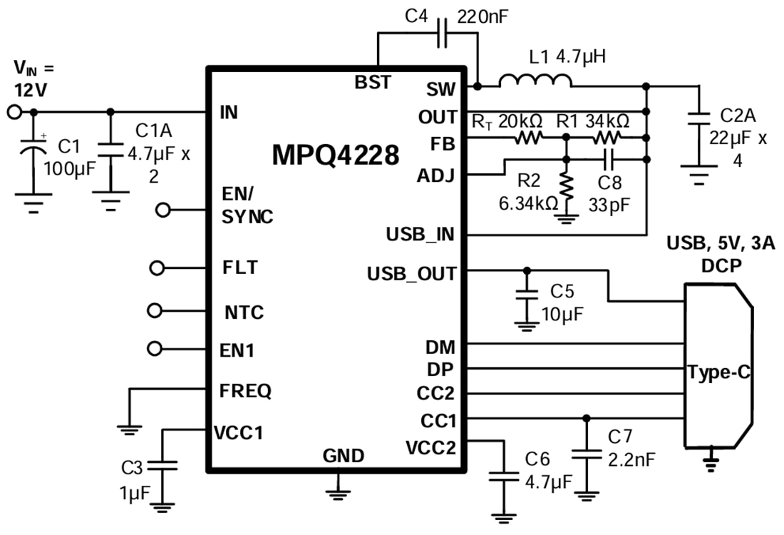 Application Circuit Diagram - Monolithic Power Systems (MPS) MPQ4228 Buck Converter with USB Charging Port
