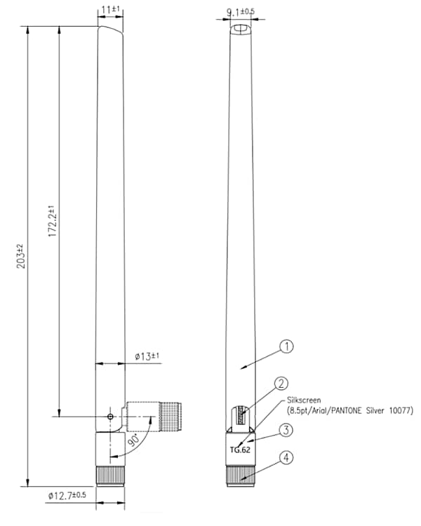 Mechanical Drawing - Taoglas Wideband 90° Hinged Terminal Antennas