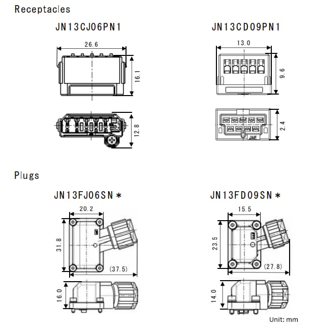 Mechanical Drawing - JAE Electronics JN13 All-Plastic Low-Profile Waterproof Connectors