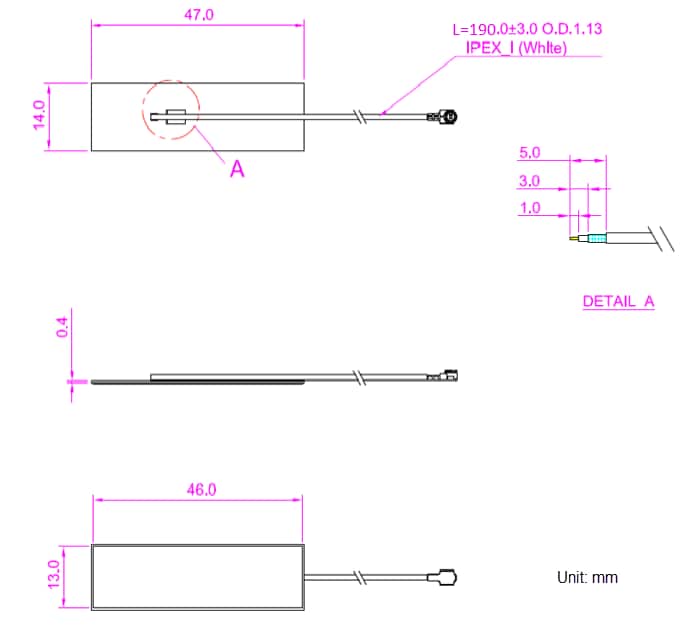Mechanical Drawing - Abracon AFB4714A-0190S Tri-Band Wi-Fi6E Antenna