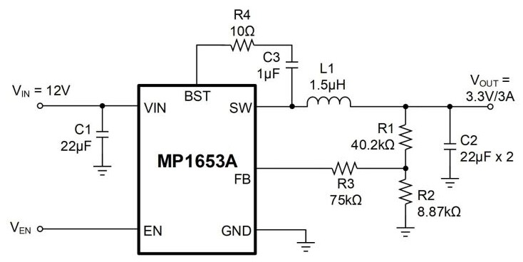 Application Circuit Diagram - Monolithic Power Systems (MPS) MP1653A Synchronous Step-Down Converters