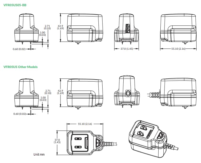 Mechanical Drawing - XP Power VFL05 Series & VFR05 Series Wall Mount Adaptors