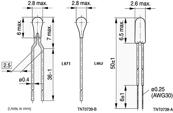 Mechanical Drawing - EPCOS / TDK L862 and L871 NTC Thermistors