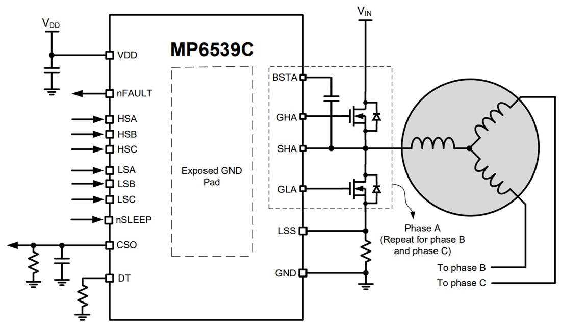 Application Circuit Diagram - Monolithic Power Systems (MPS) MP6539C 3-Phase BLDC Motor Pre-Driver
