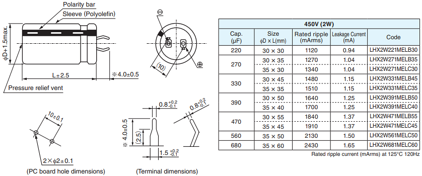 Mechanical Drawing - Nichicon LHX Snap-In Aluminum Electrolytic Capacitors