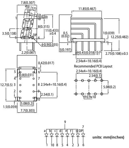 Mechanical Drawing - Kingbright SA32 Single Digit Right-Angled Displays
