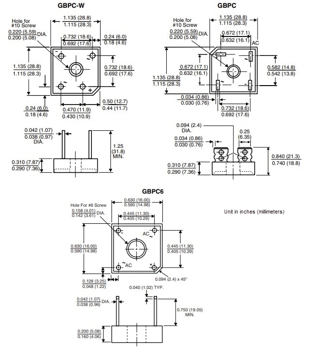 Mechanical Drawing - Vishay Semiconductors GBPCx Single-Phase Bridge Rectifiers