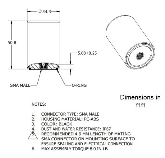 Mechanical Drawing - Maxtena M9PLUS-HCT-A-SMA Antenna