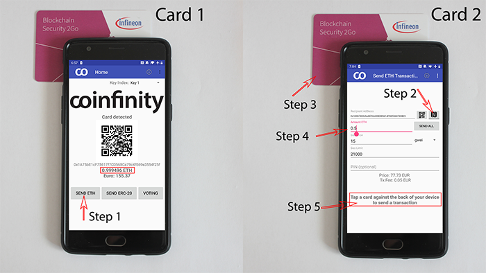 Sending Ethers from one Blockchain Security 2Go card to another
